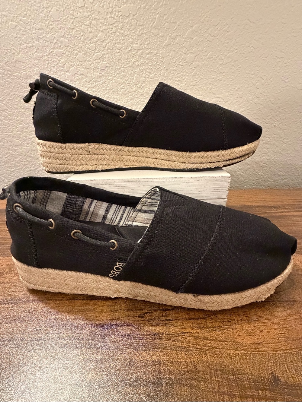 Skechers BOBS Set Sail Black Espadrille Wedge Sip-ons - 10